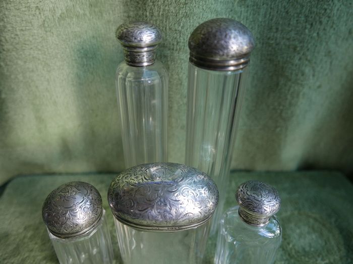 Antique Edwardian 1800s Set 5 Sterling Silver Cut Glass Vanity Pin Bottles Jars