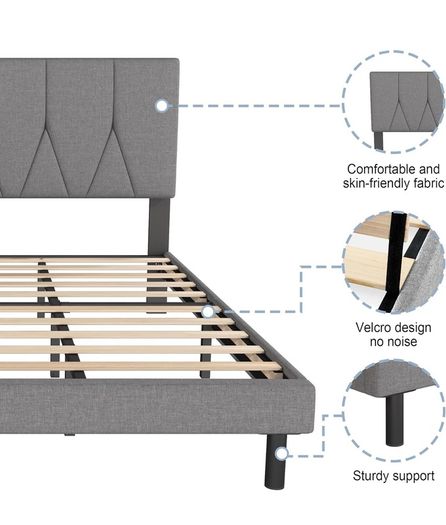 King Bed Frame, Light Grey, Upholstered Wooden Slat Bed Frame with Headboard