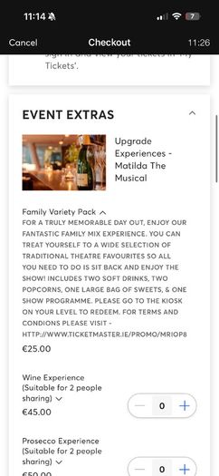 2 tickets Matilda the musical with family variety pack