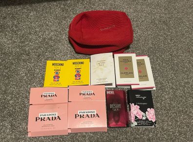 Perfume samples plus a cosmetics bag
