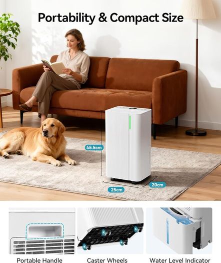 12L/Day Dehumidifiers for Home, Smart Electric Dehumidifier for Drying Clothes, Low Energy & Ultra-quiet, with Auto-Defrost & Humidity Sensor, 24-Timer, Continuous Drain