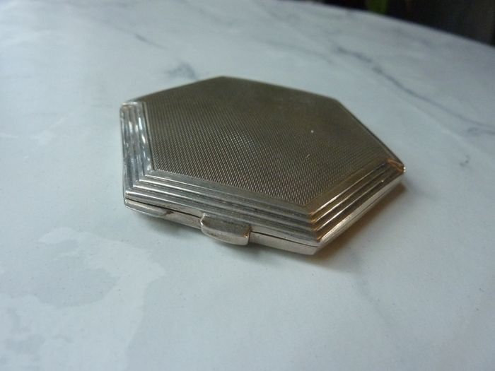 Vintage Art Deco Style Sterling Silver Compact. Turner & Simpson Birmingham 1954 Hexagonal