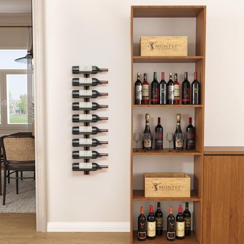Wall Wine Rack for 9 Bottles, Metal Black & Wood Look - Hanging for Wall Mounting, Bottle Rack for Wine