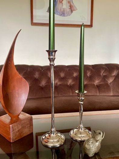 Pair of Slender 19th Century Style Silver Chrome Metal Candlesticks