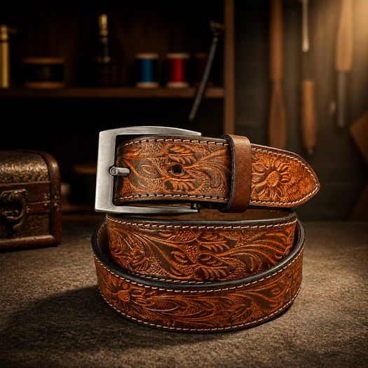 Unisex Genuine Leather Belt Vintage Embossed Design with Antique Buckle Casual & Formal Waist Belt