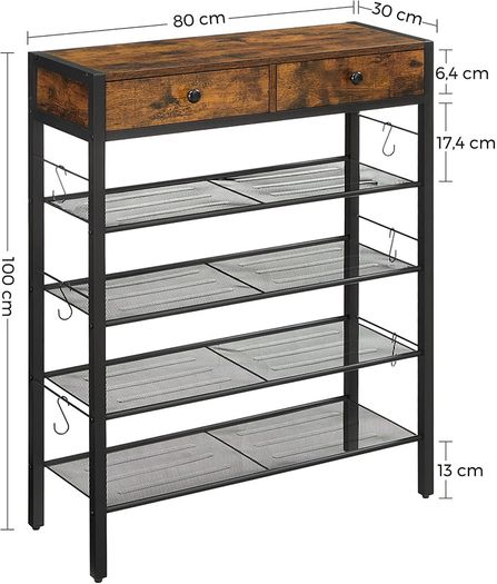 Shoe rack, shoe organizer with 2 drawers and 4 compartments, for 14 pairs of shoes, in the entrance area, living room, bedroom, vintage brown-black