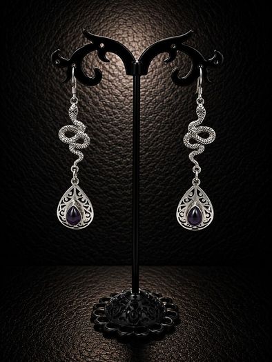 Vintage 925 Sterling Silver & Colour Changing Amethyst Witchy Gothic Snake Earrings