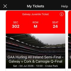Cork V Galway Hurling tickets. Cusack stand. 2 adults, 3 juveniles
