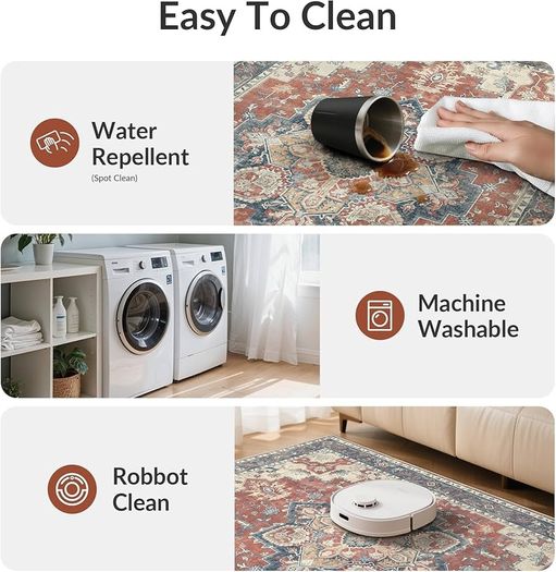 Machine Washable Rugs Living Room, 160x230cm, Vintage Rug, Boho Area Rugs, Non-Slip Carpet, Low Pile, Non-Shedding, Traditional Oriental Printed Design, Dining Room, Home Office, Bedroom