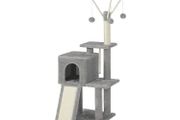 Cat tree with 3 plush balls  Cat tree small, cat tree with scratching board, 3 removable pompom sticks, 118cm, light grey