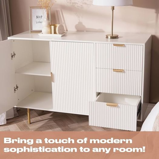 Cream Sideboard Storage Cabinet, Decorative Ribbed Wooden Buffet Storage Cabinet with 2 Doors and 3 Drawers Living Room Hallway Kitchen Sideboard, 120 x 40 x 77cm