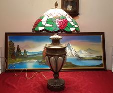 Vintage 34 Inches Tall Large Art Deco Bronze / Copper And Caged Glass Tiffany Lamp With 18.75 Inch Diameter Stained Glass Shade