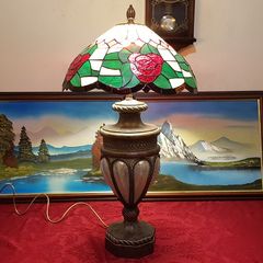 Vintage 34 Inches Tall Large Art Deco Bronze / Copper And Caged Glass Tiffany Lamp With 18.75 Inch Diameter Stained Glass Shade