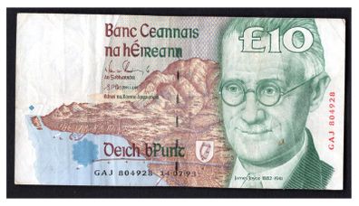 1993 Ireland IR10 James Joyce Banknote Series C. Note issued 14/07/93. Serial number GAJ804928