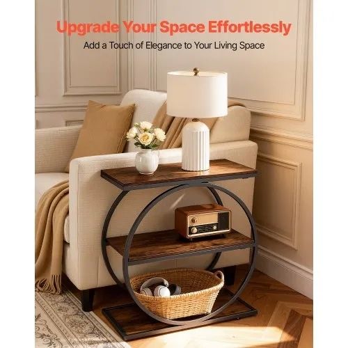 End Table, 3-Tier Narrow Side Table with Open Storage Shelves, Modern Nightstand Bedside Desk with Round Metal Frame, Wood Sofa Coffee Desk for Living Room, Bedroom, Office, Rustic Brown