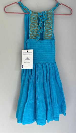 Boomill Blue dress with gold metallic embroidery & braided straps. Age 2 BNWT