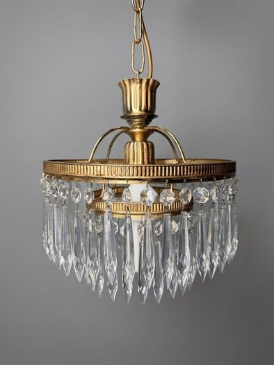 Vintage 1960s French Brass & Crystal Waterfall Chandelier