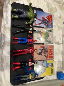 Hasbro Titan Hero 12 inch Figures x6 and 4 Tin Comic Signs