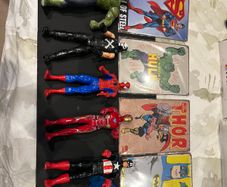 Hasbro Titan Hero 12 inch Figures x6 and 4 Tin Comic Signs