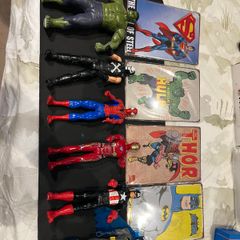 Hasbro Titan Hero 12 inch Figures x6 and 4 Tin Comic Signs