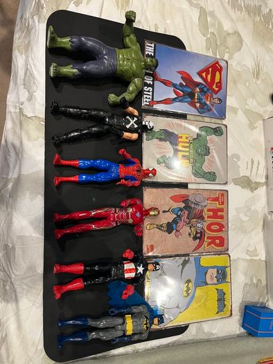 Hasbro Titan Hero 12 inch Figures x6 and 4 Tin Comic Signs