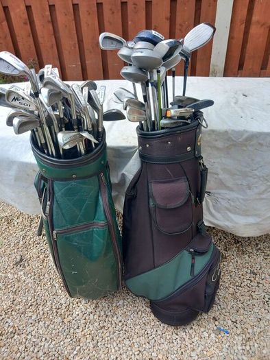 A selection of Golf clubs. Bags and golf balls.
