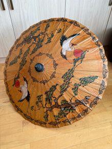 Vintage Oriental 1960s Japanese Rise Paper Painted Swans Umbrella