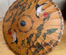 Vintage Oriental 1960s Japanese Rise Paper Painted Swans Umbrella