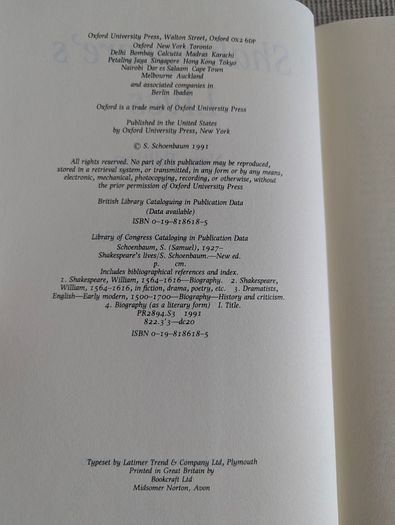 Shakespeare's Lives - S. Schoenbaum - Oxford University Press 1991 Hardback