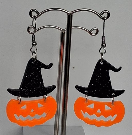 Glitter Witch Hat Jack O' Lantern Pumpkin Earrings