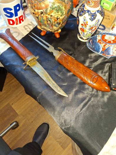 Mid-Century Indian Carved Rosewood Fish Knife & Fork Set - 2 Piece Vintage, Postage available or Collection