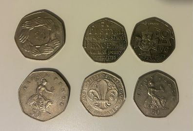 Six UK 50p Coins