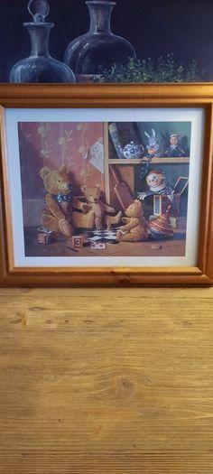 Vintage Raymond Campbell Teddy Bear Picture/ Solid Pine Frame, AV