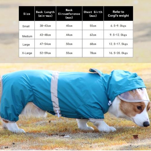 Dog Raincoat Waterproof Jacket with Hood & Collar Hole Transparent Brim,Ultra-Light Breathable Reflective Jumpsuit for Short-legged Dogs Corgi Dachshund xs,s,m,L,XL