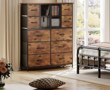 Dresser for Bedroom with 10 Fabric Drawers, Tall Chest of Dreawers, Storage Organizer Closet, Wooden Top, Metal Frame, Mesh Door, Rustic Brown