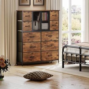 Dresser for Bedroom with 10 Fabric Drawers, Tall Chest of Dreawers, Storage Organizer Closet, Wooden Top, Metal Frame, Mesh Door, Rustic Brown