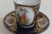 Stunning Antique Alt Wien Old Vienna or Augarten Porcelain Manufactory Hand Painted and Hand Gilded Small Coffee Can and Matching Saucer, with the Authentic Bindenschild Shield Backstamps