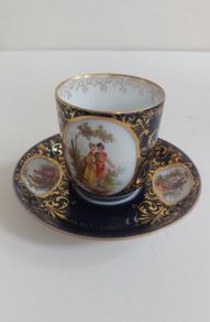 Stunning Antique Alt Wien Old Vienna or Augarten Porcelain Manufactory Hand Painted and Hand Gilded Small Coffee Can and Matching Saucer, with the Authentic Bindenschild Shield Backstamps