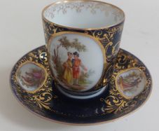 Stunning Antique Alt Wien Old Vienna or Augarten Porcelain Manufactory Hand Painted and Hand Gilded Small Coffee Can and Matching Saucer, with the Authentic Bindenschild Shield Backstamps