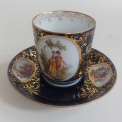 Stunning Antique Alt Wien Old Vienna or Augarten Porcelain Manufactory Hand Painted and Hand Gilded Small Coffee Can and Matching Saucer, with the Authentic Bindenschild Shield Backstamps