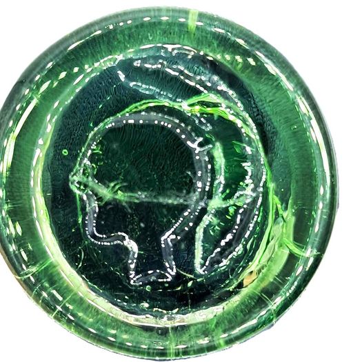 Clear Crackle Shot Glass with Applied Green Glass Medallion