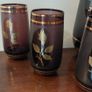 Fabulous Vintage Retro Mid-Century-Modern Hand Blown Tall Glass Pitcher with Six Matching Glasses in Purple/Amethyst Glass with Rose Pattern and Rose Gold Gilt Banding and Frosted Effect Image 5