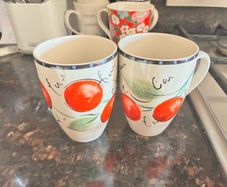 Pair of Ceramic Cherry Pattern Mugs / Coffee Cups