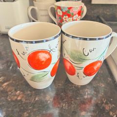 Pair of Ceramic Cherry Pattern Mugs / Coffee Cups