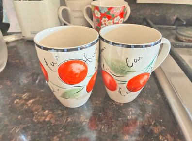Pair of Ceramic Cherry Pattern Mugs / Coffee Cups