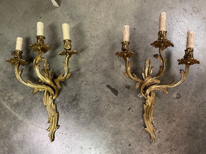 Pair of nice quality old brass French wall lights.