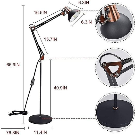 Modern Grey-Black Gold Reading Floor Lamp, Adjustable LED Standing Floor lamp, E27 Bulb Base, LED Floor Light for Bedroom, Living Room, Library,Office (FREE POSTAGE)