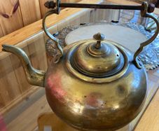 Vintage Kettle & Vintage Fruit Tray with Wooden Inset.