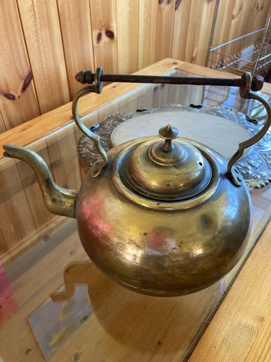 Vintage Kettle & Vintage Fruit Tray with Wooden Inset.