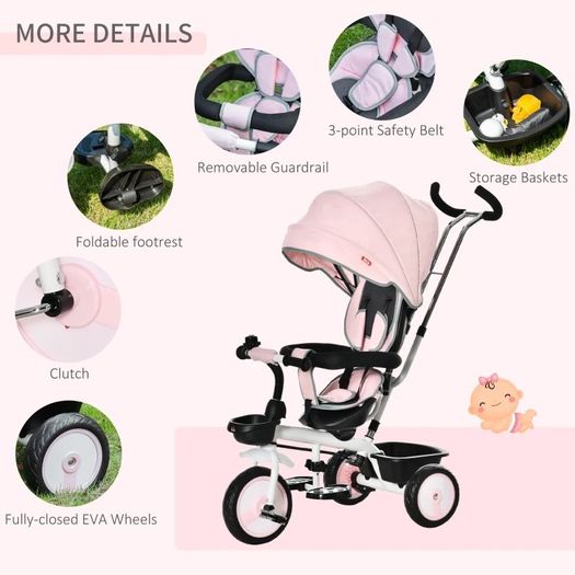 6 in 1 Baby Tricycle Toddler Stroller Pedal Tricycle w/ Reversible Seat Adjustable Removable Handle Canopy Handrail Belt Storage Footrest Clutch for 1-5 Years Old Pink MULTIPLE COLOURS AVAILABLE (FREE POSTAGE)